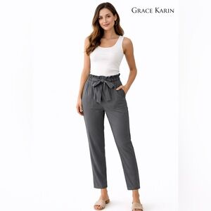 Grace Karin Paperbag Waist Pants Medium Gray Stretch High Rise Tie Belt